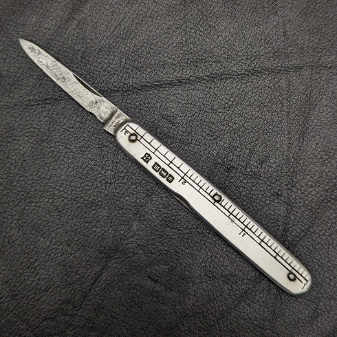 1904年 英国アンティーク 純銀ハンドル 折りたたみミニナイフ 物差し付き